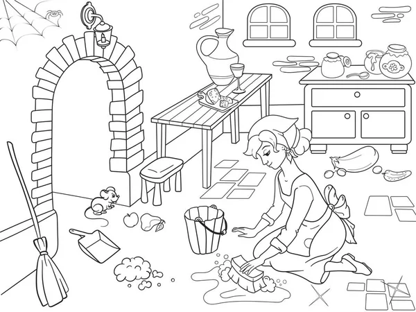 Cinderella cleans up the kitchen. The girl on the floor, around the mess. Cartoon coloring book. — Stock Vector