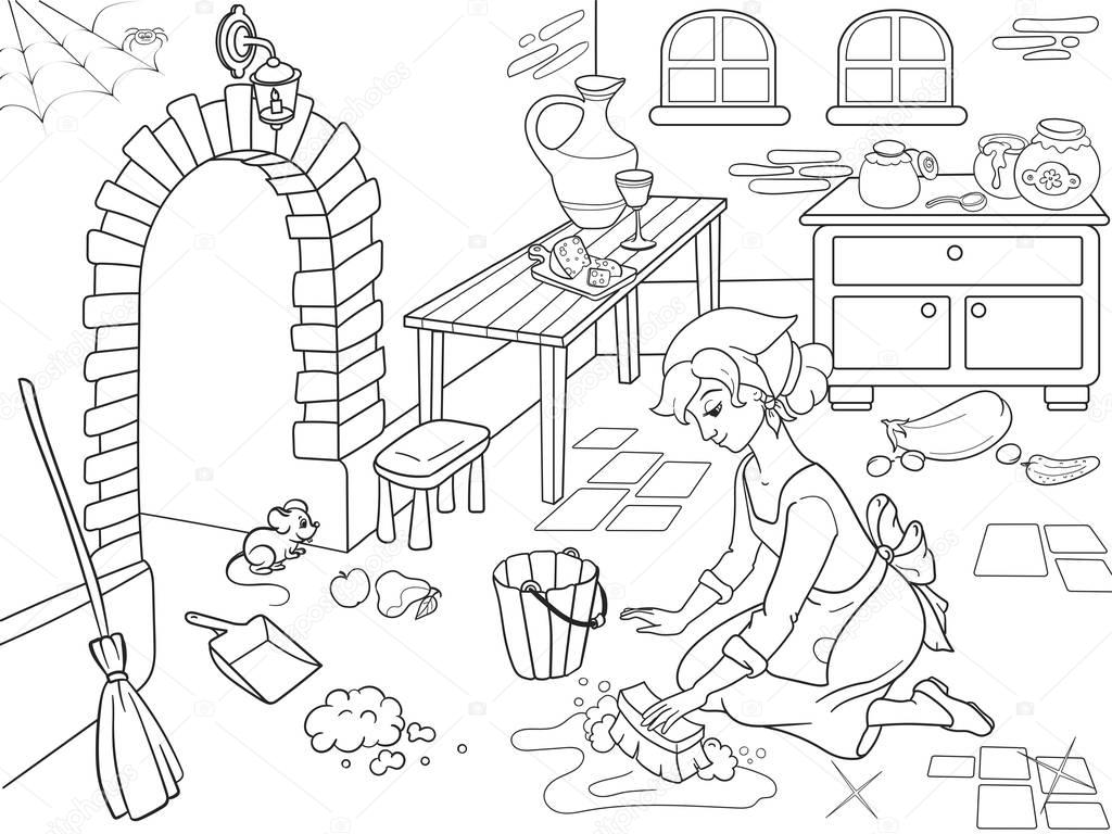 Cinderella cleans up the kitchen. The girl on the floor, around the mess. Cartoon coloring book.