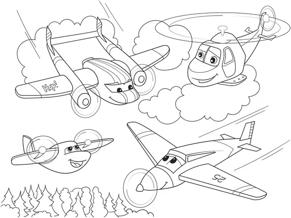 Coloriage de dessins animés hélicoptères et avions avec des visages. Transport en direct . — Image vectorielle