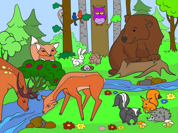 Paysage forestier avec animaux vecteur de coloration pour adultes — Image vectorielle