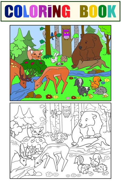Δάσος τοπίο με τα ζώα, χρωματισμός διάνυσμα για ενήλικες — Διανυσματικό Αρχείο