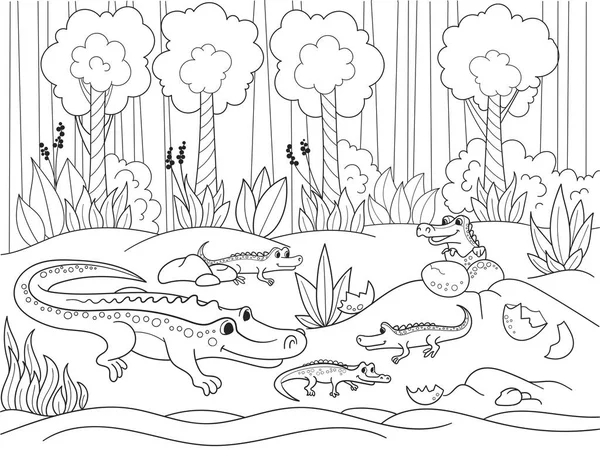 Childrens familia de dibujos animados de cocodrilos en África. Libro para colorear. Líneas negras, fondo blanco — Vector de stock
