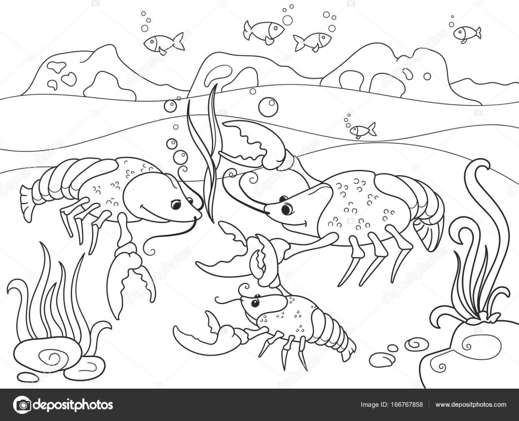Famiglia di gamberi sul fondo dello stagno del fumetto per bambini Illustrazione vettoriale di un libro da colorare Sfondo di linee nere