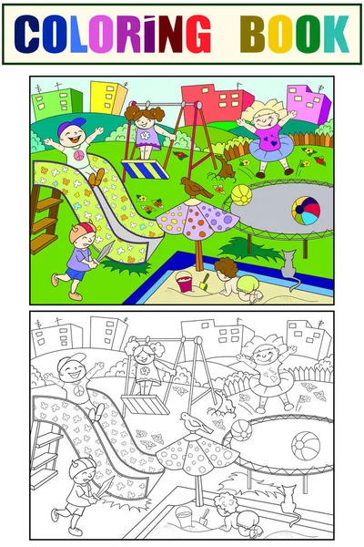 Colorazione parco giochi per bambini. Illustrazione vettoriale di bianco e nero — Vettoriale Stock