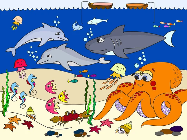 Fondos marinos con animales marinos. Vector para niños, dibujos animados . — Vector de stock