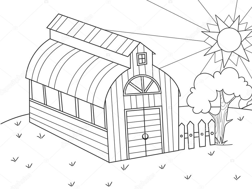 The location of agriculture. Hangar for food for animals. Barn. Vector of a book coloring book, a childrens cartoon