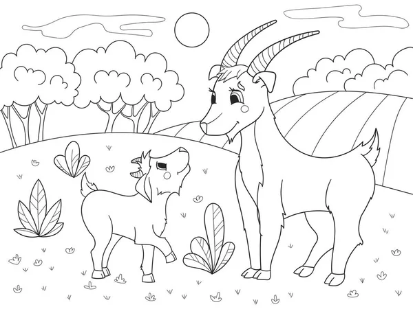 Desenhos animados infantis livro para colorir. Uma família de cabras em um prado . —  Vetores de Stock