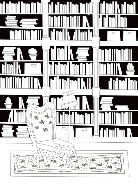 Cartoon Flat interieur bibliotheekkamer kleurplaat vectorillustratie — Stockvector