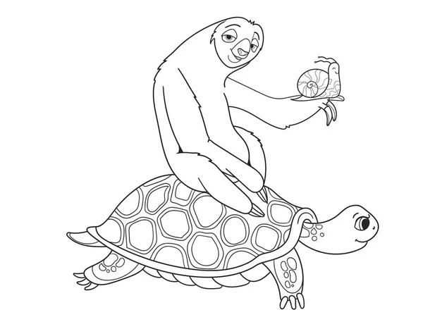 Lungo viaggio, velocita '. Tre amici hanno fatto un lungo viaggio. bradipo e lumaca cavalcando una tartaruga . — Vettoriale Stock