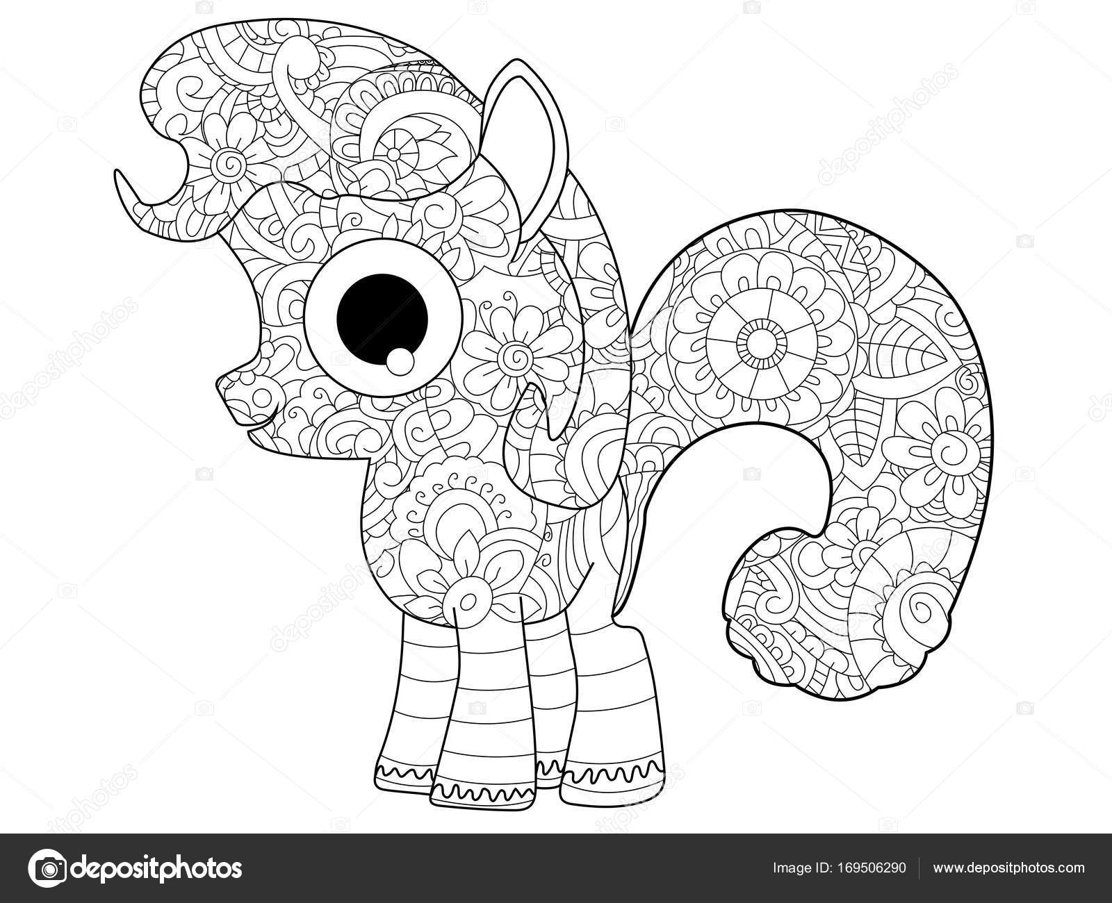 Piccolo cavallo pony da colorare libro illustrativo raster adulti Antistress da colorare per adulti Zentangle nag di stile Ascolta le linee in bianco e