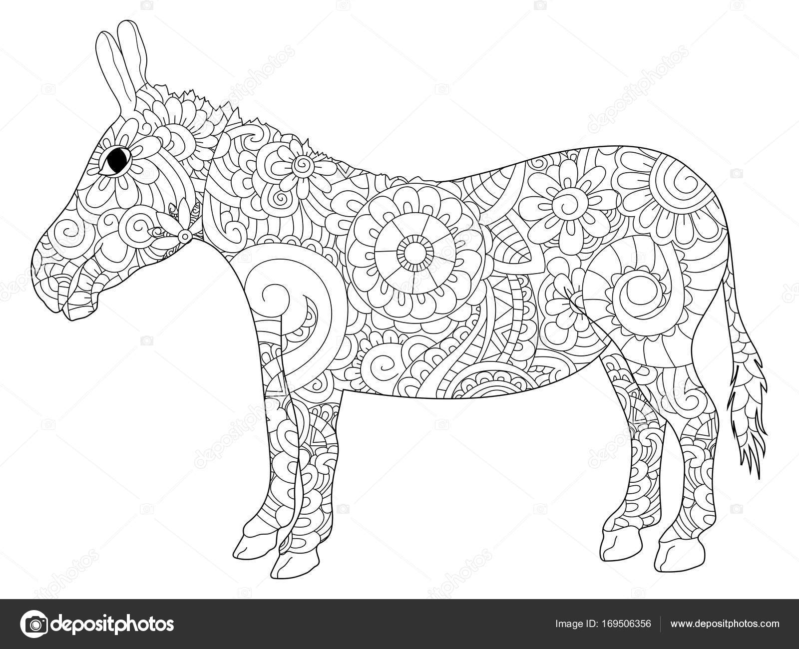 Asino da colorare libro illustrativo raster adulti Antistress da colorare per adulto Zentangle jackass di stile Righe in bianco e nero ascolta capra