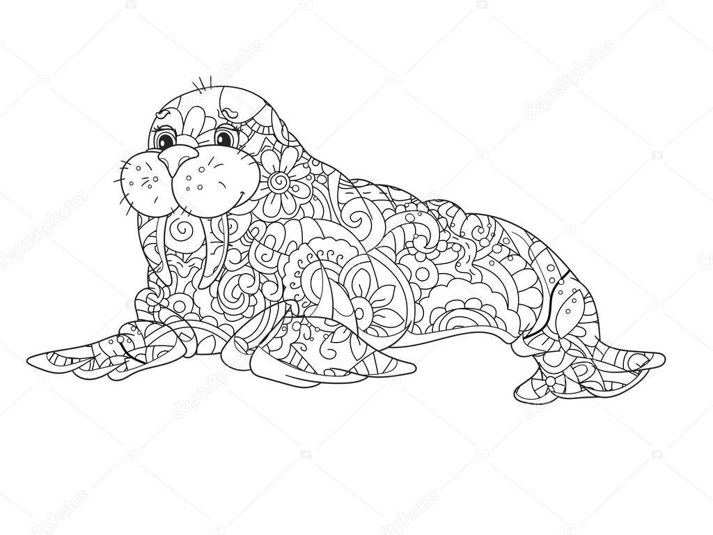 Sea walrus. An animal of the North Pole. Coloring book