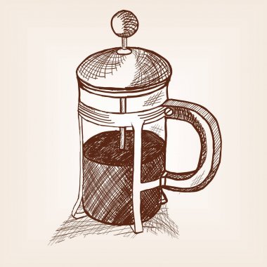 Basın ile çay çaydanlık. Stil vektör çizim kroki. Eski gravür taklidi. Elle çizilmiş kroki taklit
