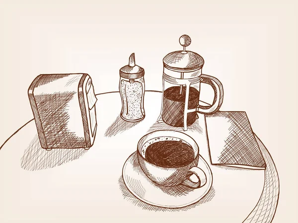 Tabela esboço na casa de café com café e eletrodomésticos . —  Vetores de Stock