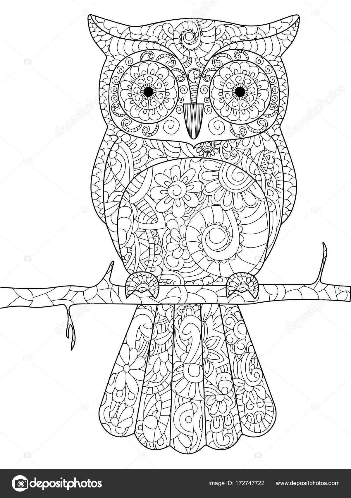 Gufo su una filiale di coloritura per illustrazione raster adulti Antistress da colorare per adulti Zentangle uccello di stile Righe in bianco e nero