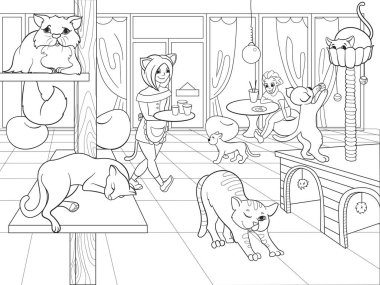 Modern kedi kafe insanlar için güzel iç raster illüstrasyon karikatür