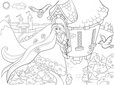 Prenses Rapunzel çocuk çizgi film raster illüstrasyon taş kule boyama içinde