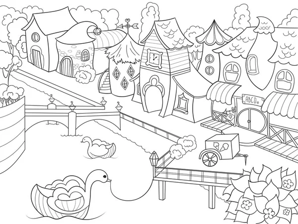 Children coloring raster fairy city with river — Stock Photo, Image