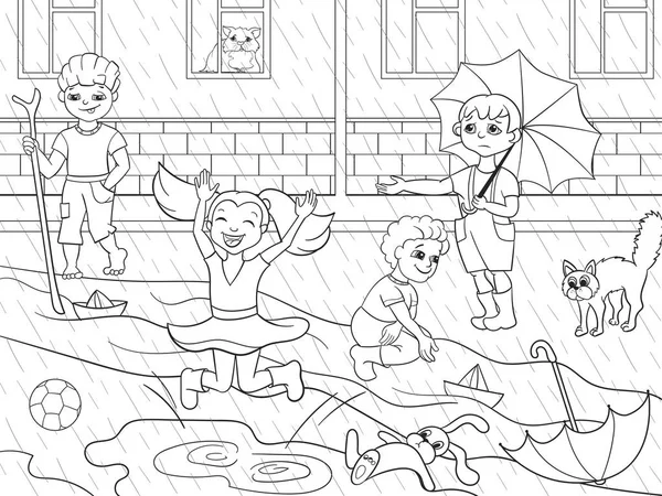Kids coloring raster children playing in rainy weather — Stock Photo, Image