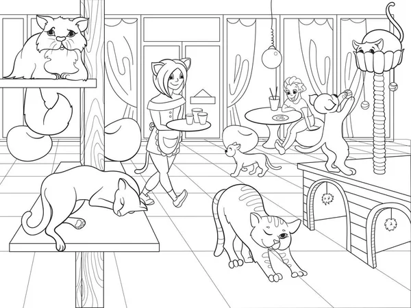 Hermoso interior de la cafetería gato moderno para la gente ilustración de dibujos animados raster — Foto de Stock