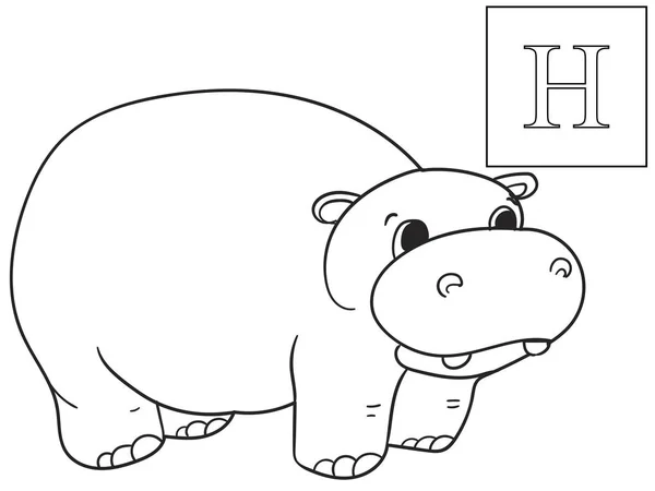 Nauczyć się nazw zwierząt afrykańskich. Hipopotam napis. Edukacyjne gry wektor. Kolorowanka ABC — Wektor stockowy