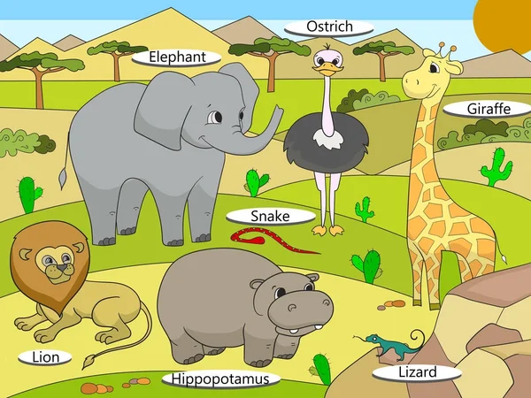 Animales de sabana africana con nombres de dibujos animados educativos — Vector de stock