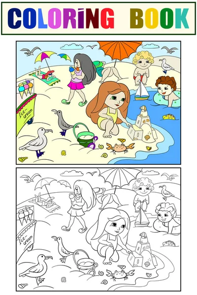 Děti, koupání na pláži a hrát s hračkami — Stockový vektor
