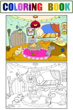Children coloring cartoon house family mouse vector clipart