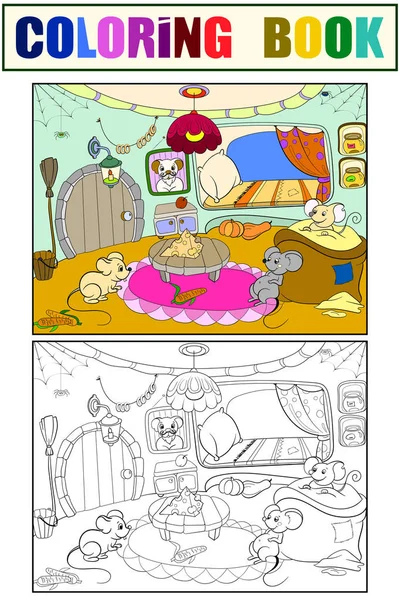 Enfants coloriage maison dessin animé famille souris vecteur — Image vectorielle