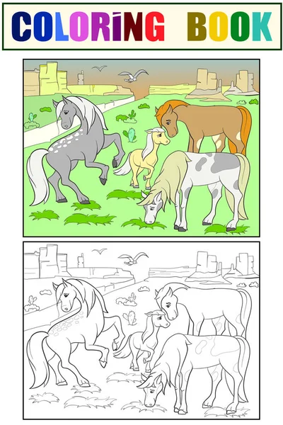 Barn målarbok tecknade hästar betar på ängen vektor — Stock vektor