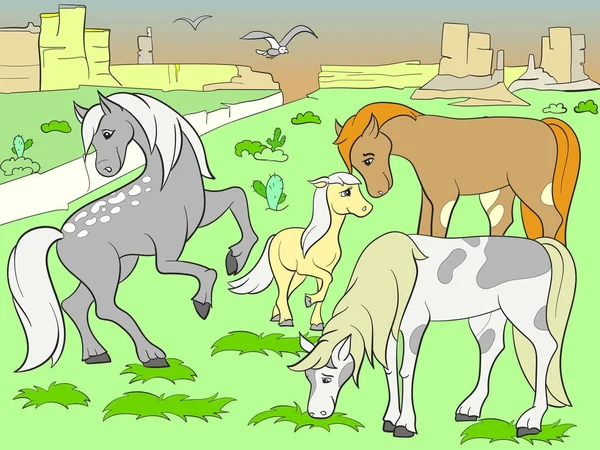 Kinderen gekleurde cartoon paarden grazen in de weide — Stockvector