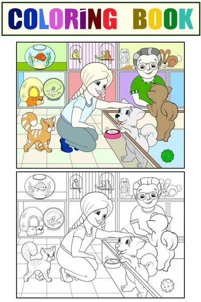 Niños colorear dibujos animados contacto zoológico vector. tienda de mascotas — Vector de stock