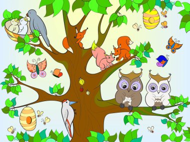 Hayvanlar ve çocuklar için boyama ağaçta yaşayan kuşlar vektör çizim karikatür