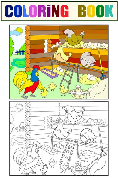 Hühnerstall. Innenraum und Leben der Vögel im Hühnerstall Färbung für Kinder Cartoon-Vektor-Illustration — Stockvektor