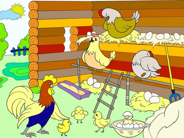 鸡笼儿童鸡舍内鸟类的室内和生活卡通矢量插图 — 图库矢量图片