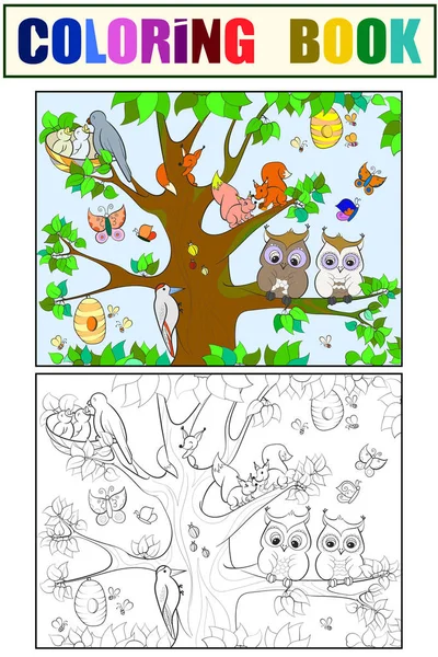 Animales y aves que viven en la coloración del árbol para niños ilustración vectorial de dibujos animados — Vector de stock