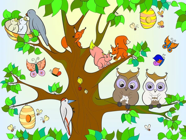 Animals And Birds Living On The Tree Coloring For Children Cartoon Vector Illustration Stock Vector Image By C Toricheks2016 Gmail Com 176759712