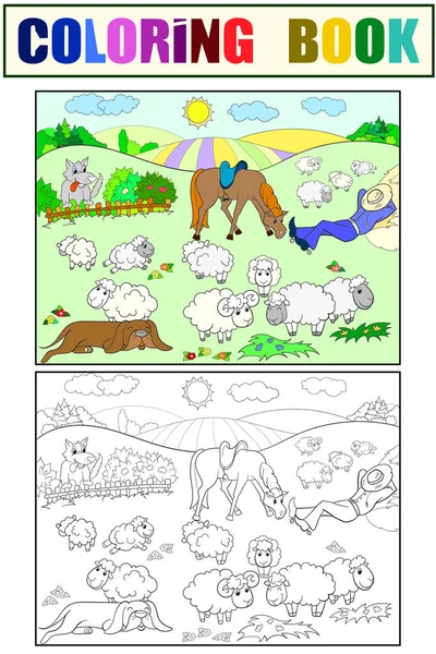 Pasture sheep with a shepherd and dog coloring for children cartoon vector illustration — Stock Vector