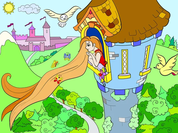 Prinses Rapunzel in de stenen toren voor kinderen cartoon vectorillustratie — Stockvector