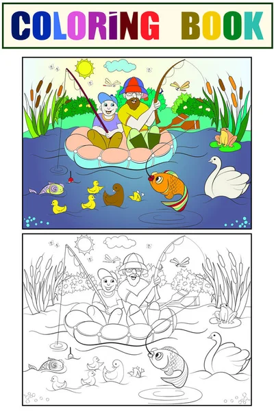Pescando pai e filho na coloração do rio para crianças desenho animado ilustração vetorial —  Vetores de Stock