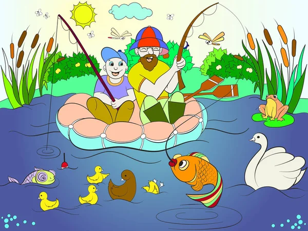 Pesca padre e hijo en la coloración del río para niños ilustración vectorial de dibujos animados — Archivo Imágenes Vectoriales