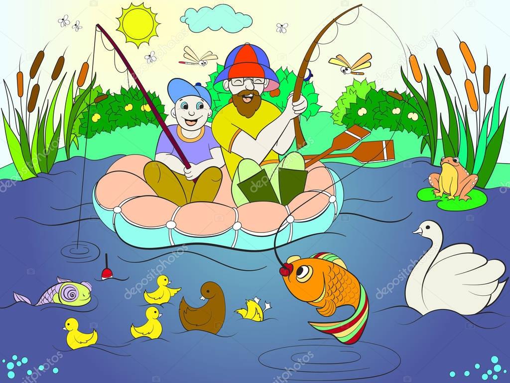 Fishing father and son on the river coloring for children cartoon vector illustration