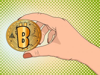 Bir kadın pop sanat elinde altın bitcoin