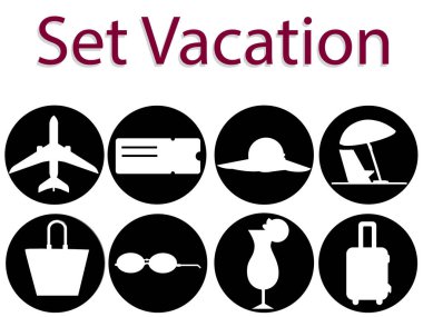 Tatil vektör kümesi. Simge ve logosu uçak, kokteyl, Bilet, seyahat çantası