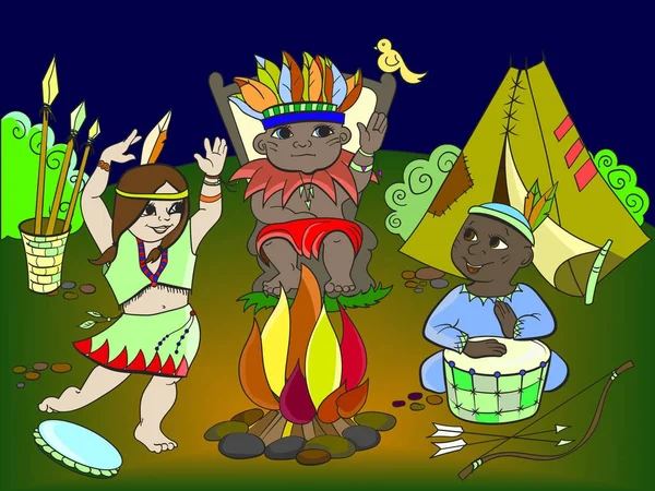 大人のための 3 人の子供のベクトルの形でインディアンの部族 — ストックベクタ