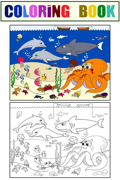 Meeresboden mit Meerestieren. Vektor-Färbung für Kinder, Cartoon. — Stockvektor