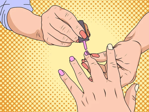 Manicure é um tratamento de beleza cosmética para as unhas e as mãos, realizada em casa ou em um salão de beleza. Estilo Pop art . — Vetor de Stock