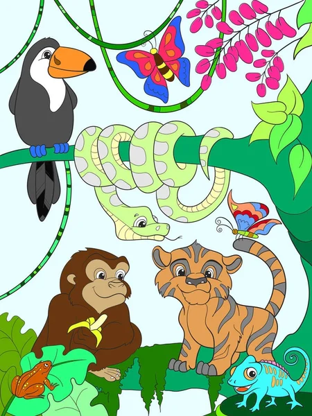 丛林森林与动物卡通矢量 — 图库矢量图片