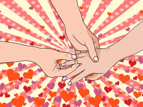 Gelin ve damat yüzükleri pop art tarih koymak. Arka plan resmi aşk konulu.