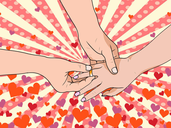 The bride and groom put on rings pop art. Background picture on the theme of love.